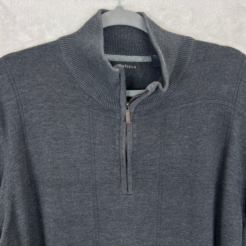 Mens L Charcoal Heather Half Zip Mock Neck Sweater Ribbed Collar Cozy Knit - Picture 3 of 7